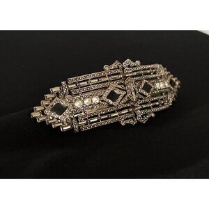 Vintage French Hair Barrette Art Deco Marcasite Silver Tone Filigree